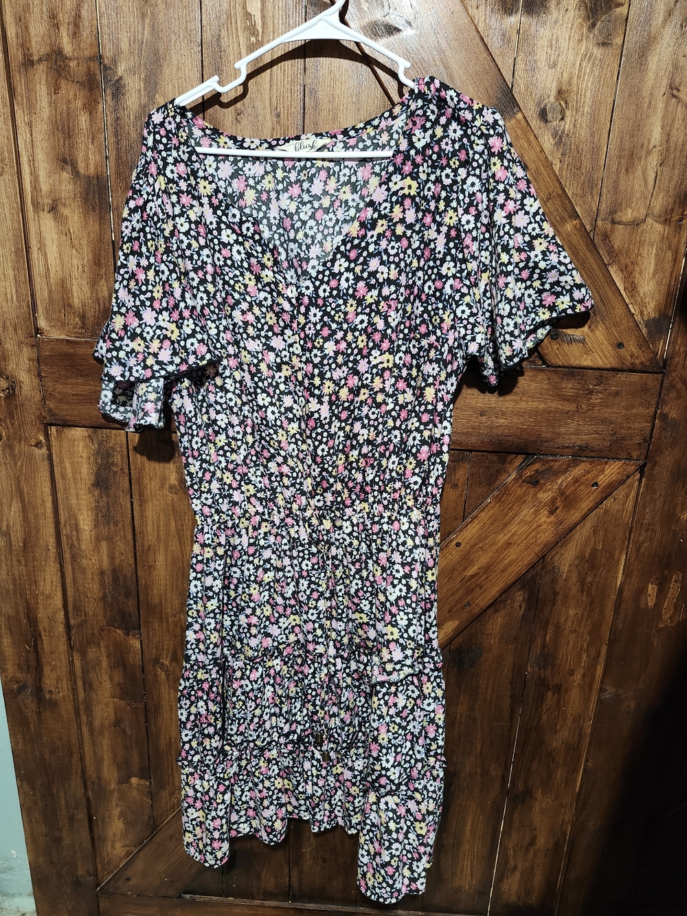 Black Floral Midi Dress with Pink & Yellow Blooms - Lightweight Women's Dress
